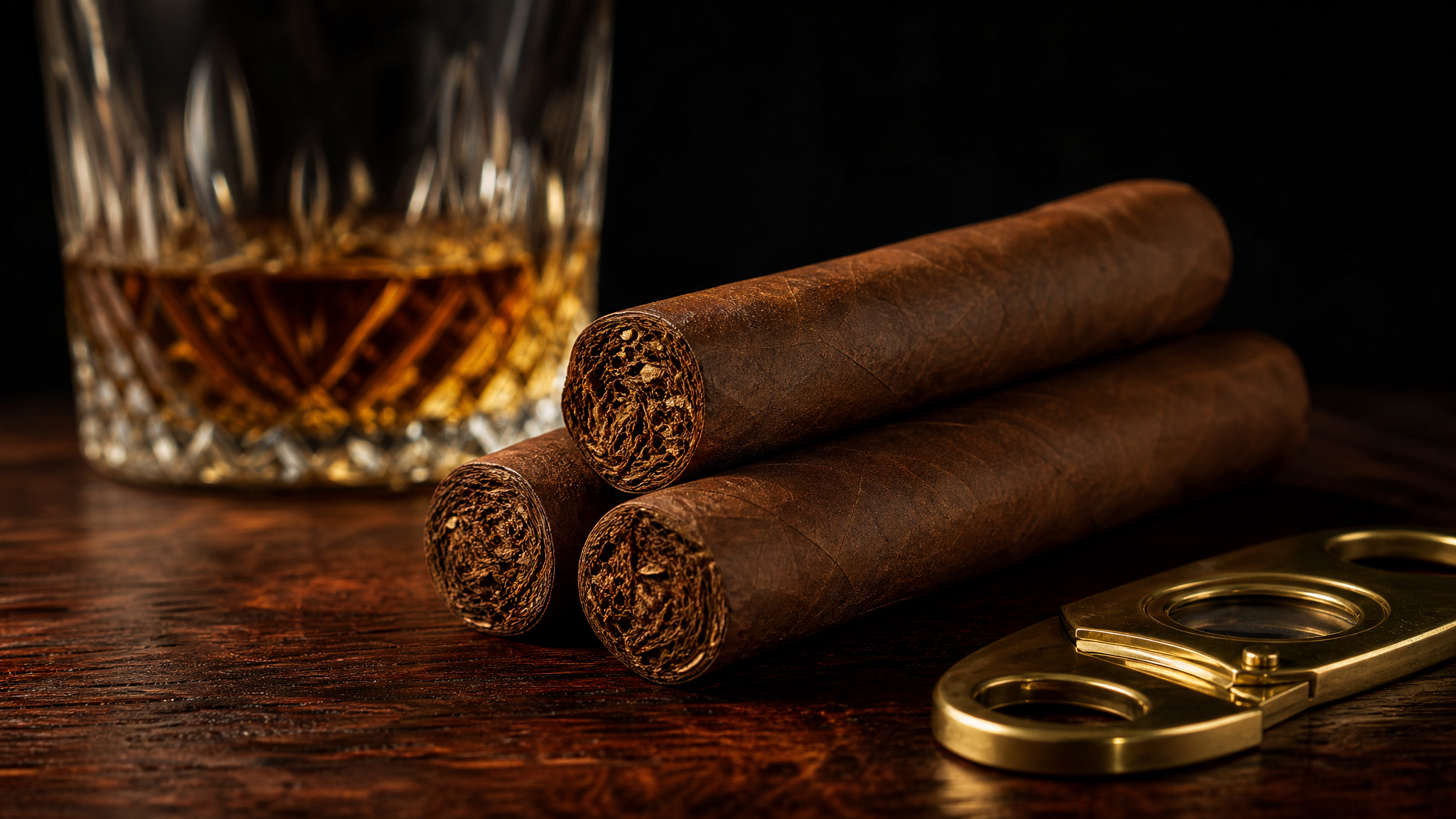 Three premium hand-rolled cigars arranged on dark mahogany wood with a glass of bourbon and a brass cutter at Hutch Humidor in Hutchinson, Kansas