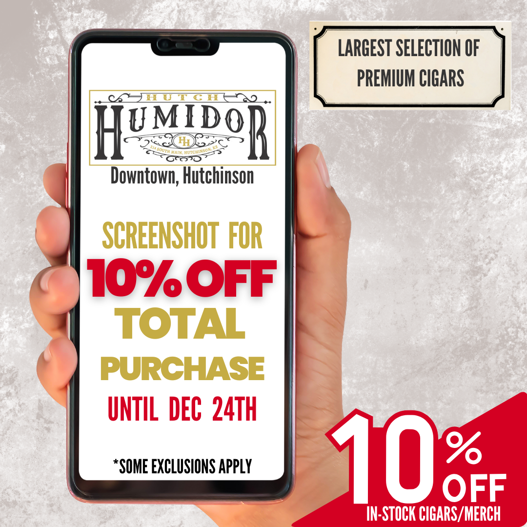 Hutch Humidor Facebook 10% discount (1080 x 1080 px) Person lighting cigar